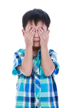 Portrait of asian handsome boy covering his eye. Isolated on white background. Negative human emotion, facial expression feeling reaction. Studio shot.