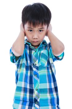 Portrait of asian handsome boy covering his ear. Isolated on white background. Negative human emotion, facial expression feeling reaction. Studio shot.