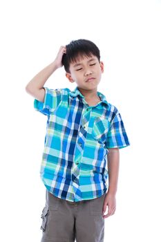 Attractive of asian boy making thinking expression, his hand on head, emotion feeling sign. Isolated on white background. Studio shot. Concept for confusion, inspiration and solution