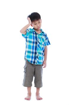 Full body. Attractive of asian boy making thinking expression, his hand on head, emotion feeling sign. Isolated on white background. Studio shot. Concept for confusion, inspiration and solution