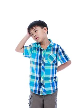 Attractive of asian boy making thinking expression, his hand on head, emotion feeling sign. Isolated on white background. Studio shot. Concept for confusion, inspiration and solution