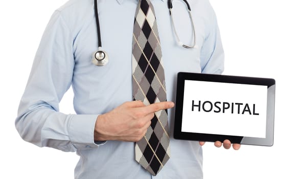 Doctor, isolated on white backgroun,  holding digital tablet - Hospital