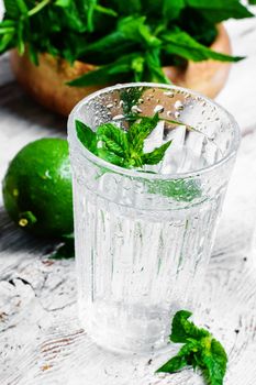 Drinking water in glass and lime and mint on light background