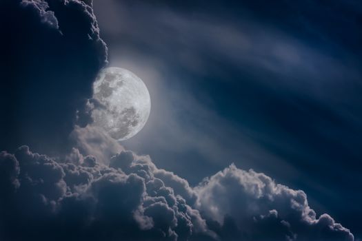 Attractive photo of a nighttime sky with clouds, bright full moon would make a great background. Nightly sky with large moon. The moon were not furnished by NASA.