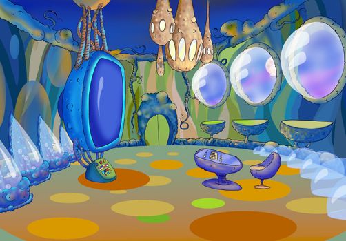 Digital Painting, Illustration of a Spaceship Cabin Futuristic Interior Cartoon of Cosmic Spacecraft in SciFi Galaxy. Fantastic Cartoon Style Character, Fairy Tale  Story Background, Card Design.