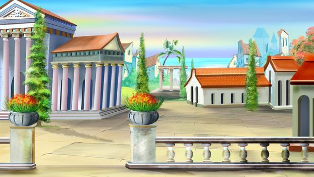 Digital Painting, Illustration of a Ancient City in a Summer day. Cartoon Style Character, Fairy Tale Story Background,