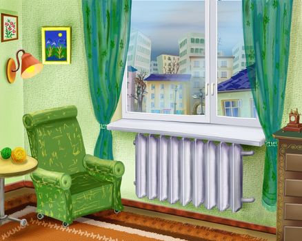 Digital Painting, Illustration of a Cartoon Room Interior with Armchair Near a Window and summer city landscape in the window. Cartoon Style Character, Fairy Tale Story Background,