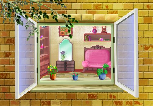 Digital Painting, Illustration of a Cartoon Window with room interior on background. Cartoon Style Character, Fairy Tale Story image.