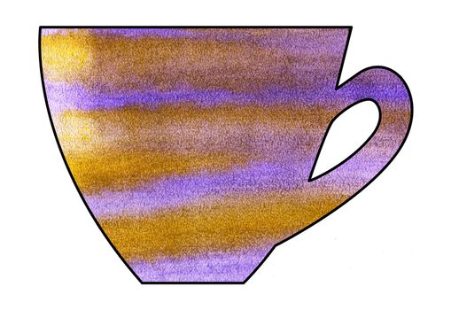 Cup of tea and coffee. Handmade. Watercolor Mixed media. Cut paper. Tea time. Purple Yellow