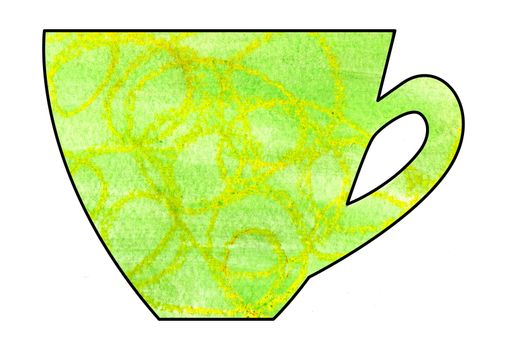 Cup of tea and coffee. Handmade. Watercolor, Mixed media. Cut paper. Tea time. Green and Yellow