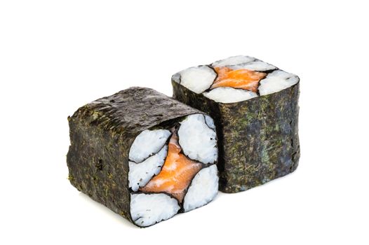 Simple maki sake sushi, two rolls isolated on white. Just rice, nori and salmon in center romb star shaped.