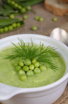 A plate of soup puree of green peas with dill on a table