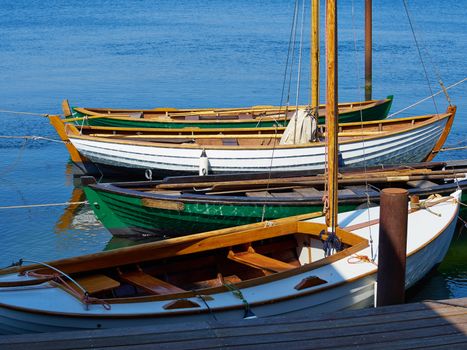 Old vintage traditional Danish wooden sail boat in Middelfart Marina Denmark