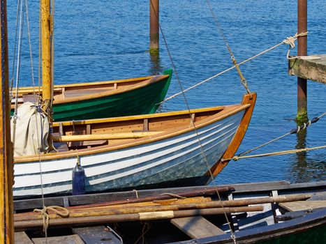 Old vintage traditional Danish wooden sail boat in Middelfart Marina Denmark