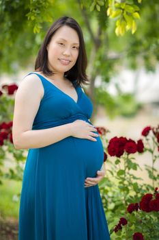 Portrait of Happy Young Pregnant Chinese Woman in the Park.