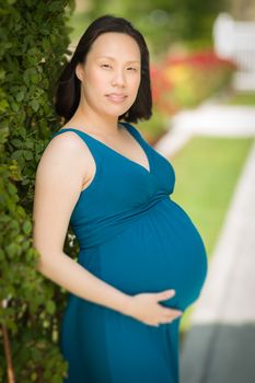 Portrait of Happy Young Pregnant Chinese Woman in the Park.