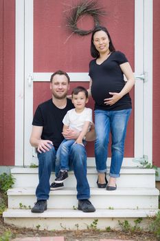 Happy Mixed Race Pregnant Couple with Young Son Portrait.