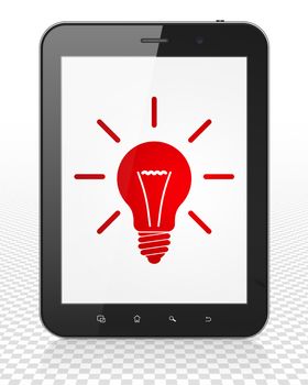 Business concept: Tablet Pc Computer with red Light Bulb icon on display, 3D rendering