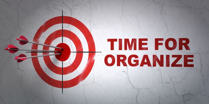 Success time concept: arrows hitting the center of target, Red Time For Organize on wall background, 3D rendering