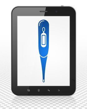 Healthcare concept: Tablet Pc Computer with blue Thermometer icon on display, 3D rendering