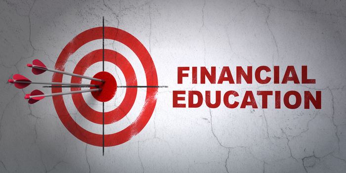 Success Learning concept: arrows hitting the center of target, Red Financial Education on wall background, 3D rendering