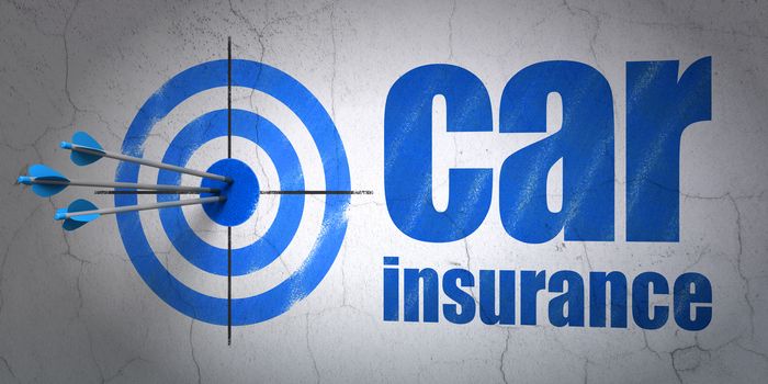 Success Insurance concept: arrows hitting the center of target, Blue Car Insurance on wall background, 3D rendering