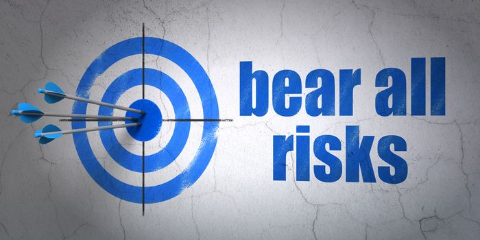 Success Insurance concept: arrows hitting the center of target, Blue Bear All Risks on wall background, 3D rendering