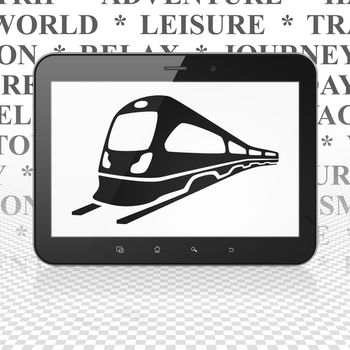 Travel concept: Tablet Computer with  black Train icon on display,  Tag Cloud background, 3D rendering