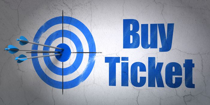 Success vacation concept: arrows hitting the center of target, Blue Buy Ticket on wall background, 3D rendering