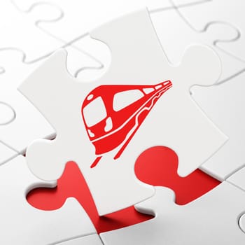 Tourism concept: Train on White puzzle pieces background, 3D rendering