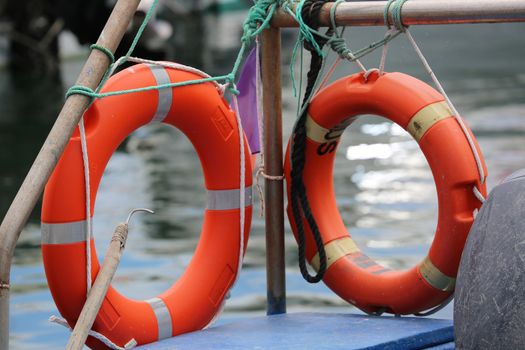 Martigues, France - June 21, 2016: Two Red Life Ring, on a Boat. Martigues Harbor in Provence
