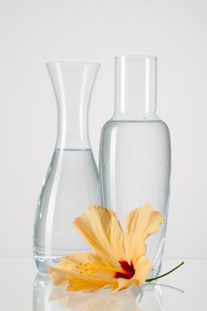 Two vases with clean water and hibiskus flower on a glass table