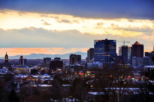 Salt Lake City Skyline at Sunset with blue light