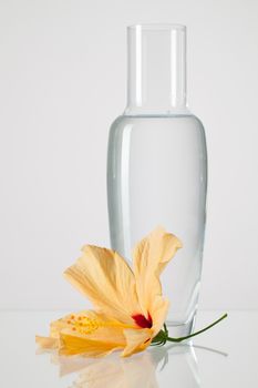 The vase with clean water and hibiskus flower on a glass table