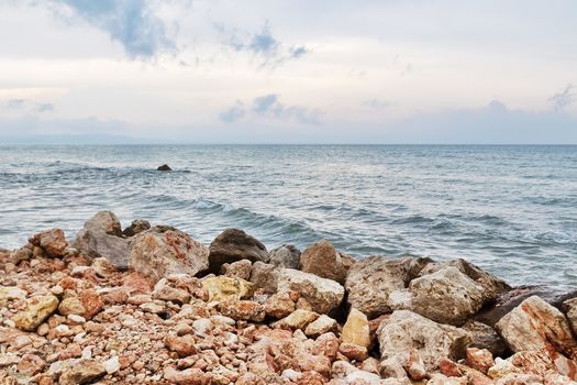 Rocky coast and sea in Tarragona. Catalonia, Spain.