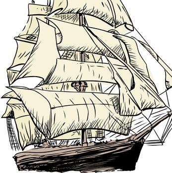 Outlined cropped doodle sketch of 18th century clipper ship