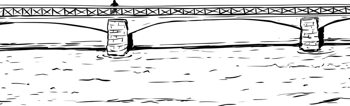 Outline illustration of person standing near edge of Skeppsholmsen bridge in Stockholm Sweden