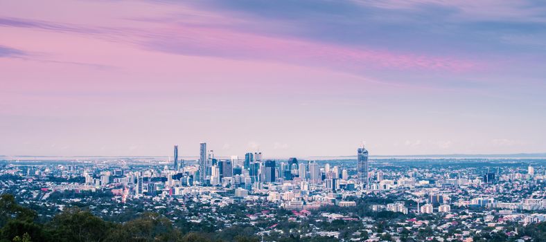 View of Brisbane City from Mount Coot-tha at night. Queensland, Australia.