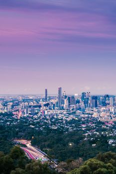 View of Brisbane City from Mount Coot-tha at night. Queensland, Australia.