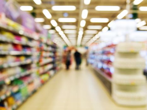 Abstract blurred supermarket aisle with colorful shelves and unrecognizable customers as background