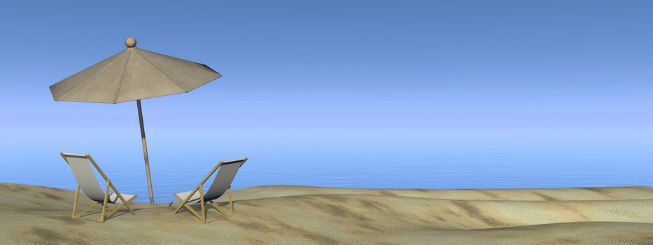 Two chairs under an umbrella at the beach by day - 3D render