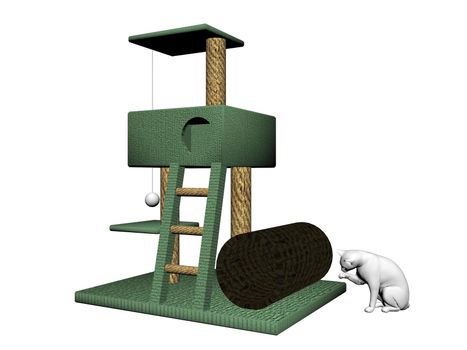 cat tree with a white cat on it isolated in white background