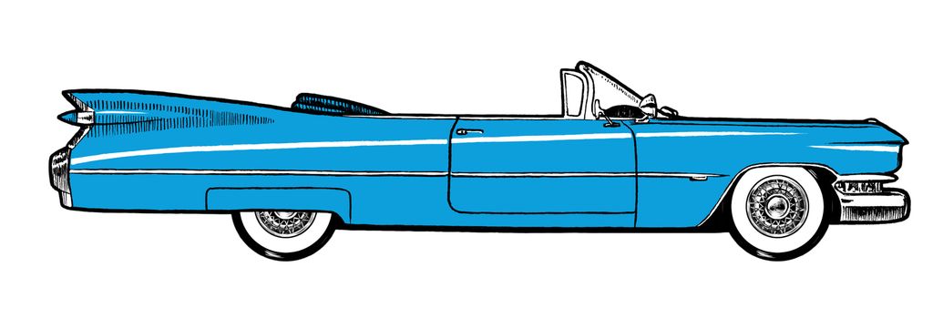 Blue Authentic 1959 Classic Retro Car isolated on white background. Digital painting cartoon style illustration.