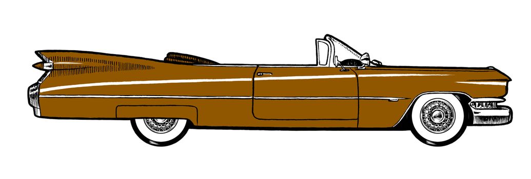 Brown Authentic 1959 Classic Retro Car isolated on white background. Digital painting cartoon style illustration.