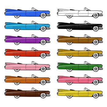 Authentic 1959 Classic Retro Car Set isolated on white background. Digital painting cartoon style illustration.