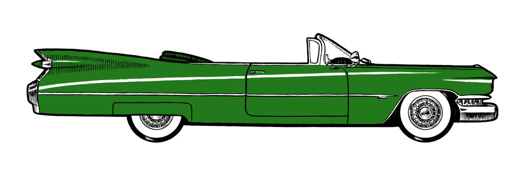 Green Authentic 1959 Classic Retro Car isolated on white background. Digital painting cartoon style illustration.