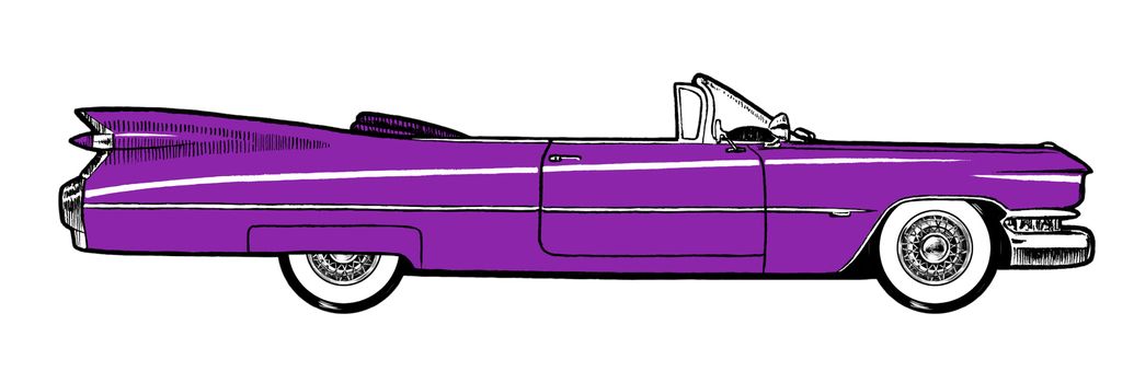 Purple Authentic 1959 Classic Retro Car isolated on white background. Digital painting cartoon style illustration.