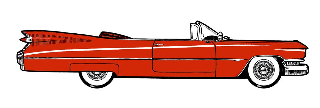 Red Authentic 1959 Classic Retro Car isolated on white background. Digital painting cartoon style illustration.