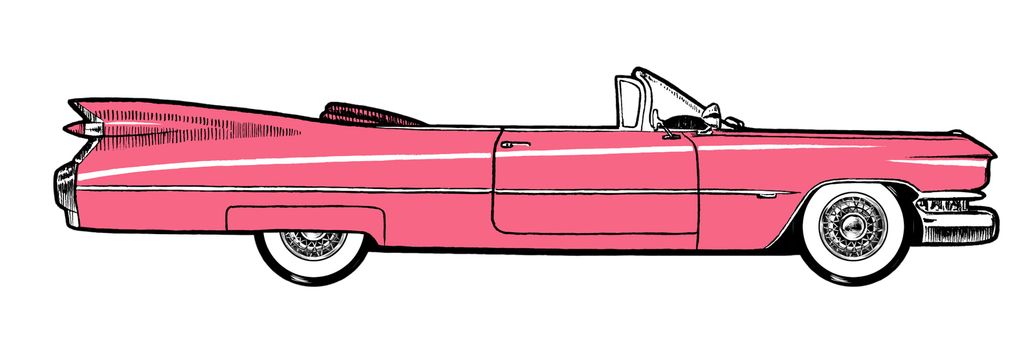 Rose Authentic 1959 Classic Retro Car isolated on white background. Digital painting cartoon style illustration.