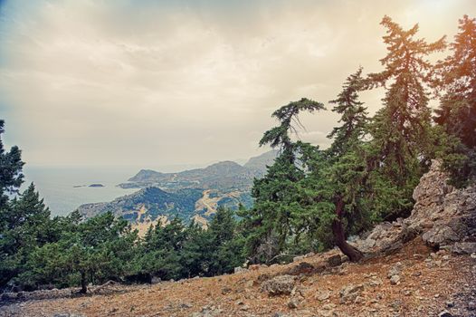 Beautiful Tsambika viewpoint landscape from mountain . HDR photo